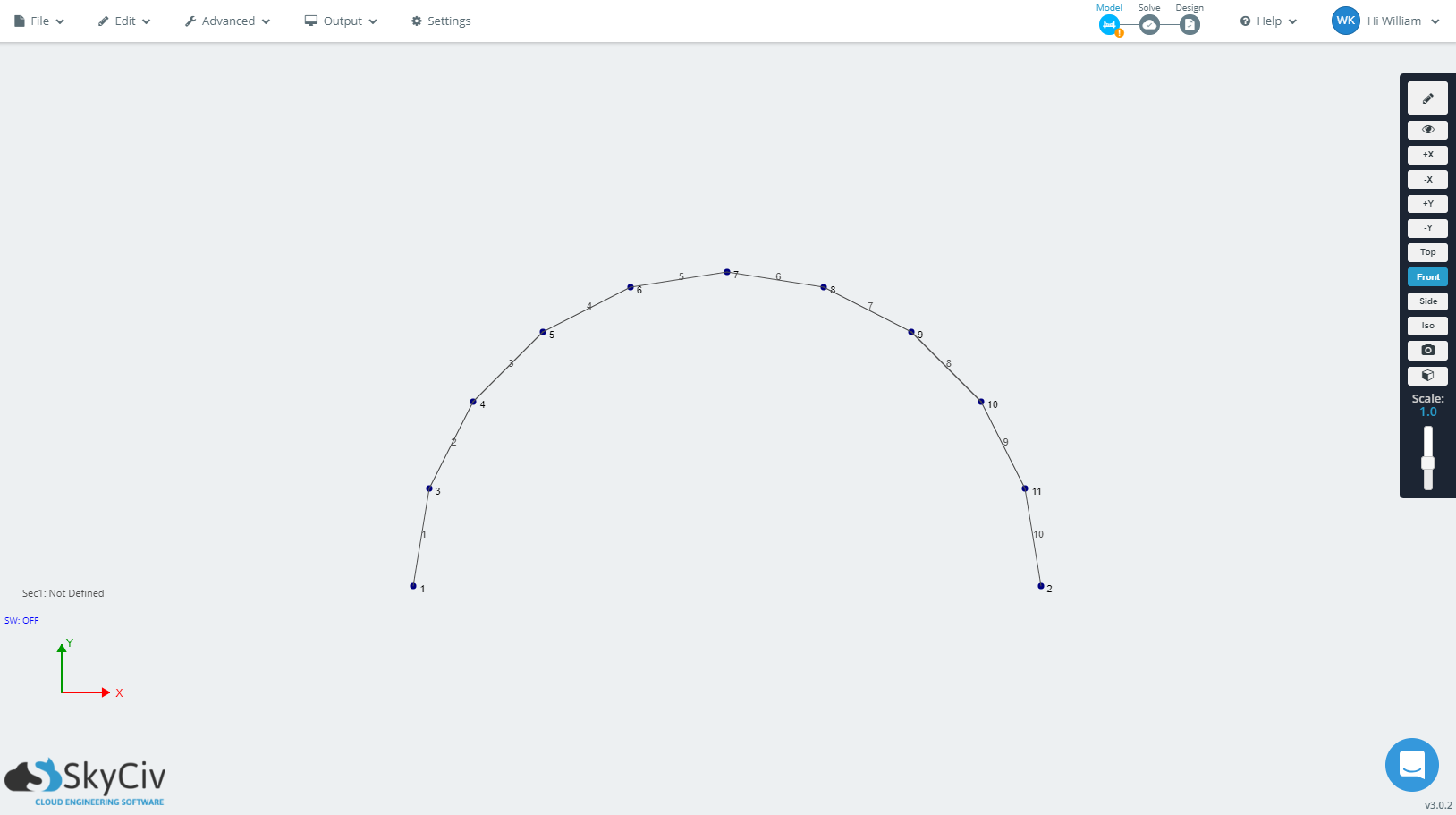 curved member generated with 10 members 5 ft radius