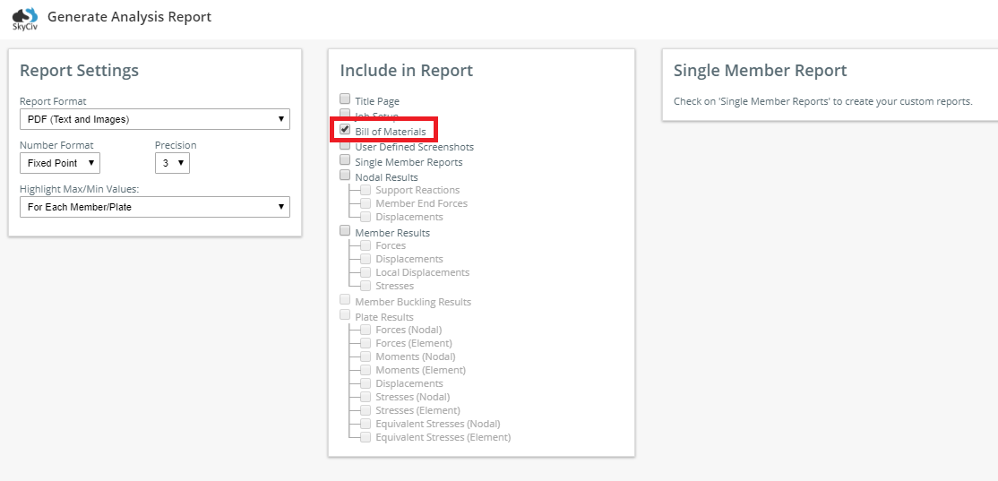 Check bill of materials option to include in report