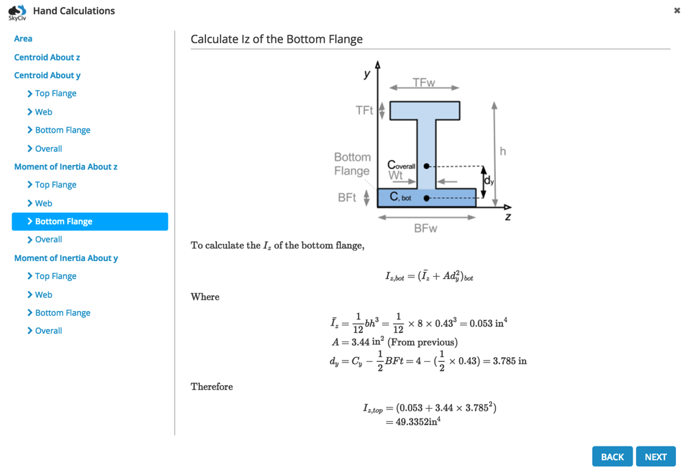 Calculs manuels du moment d'inertie et du centroïde à l'aide de SkyCiv Section Builder.