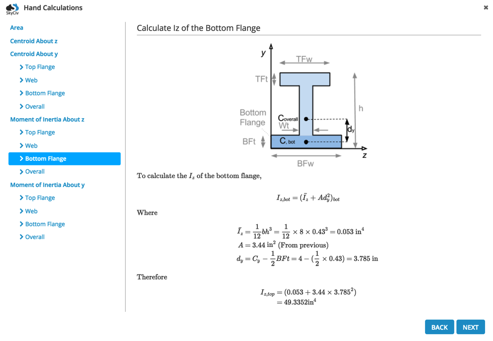 Hand calculations of moment of inertia and centroid using SkyCiv Section Builder.