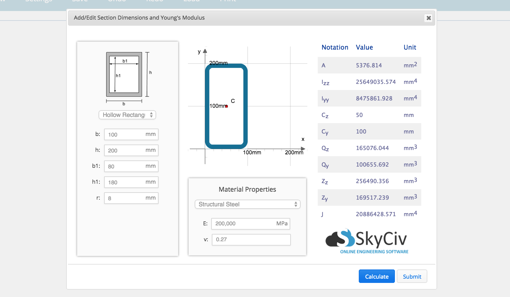 Una nuova funzionalità aggiunta al generatore di sezioni di SkyCiv è che consente all'utente di inserire i raccordi di sezione tramite un input del raggio