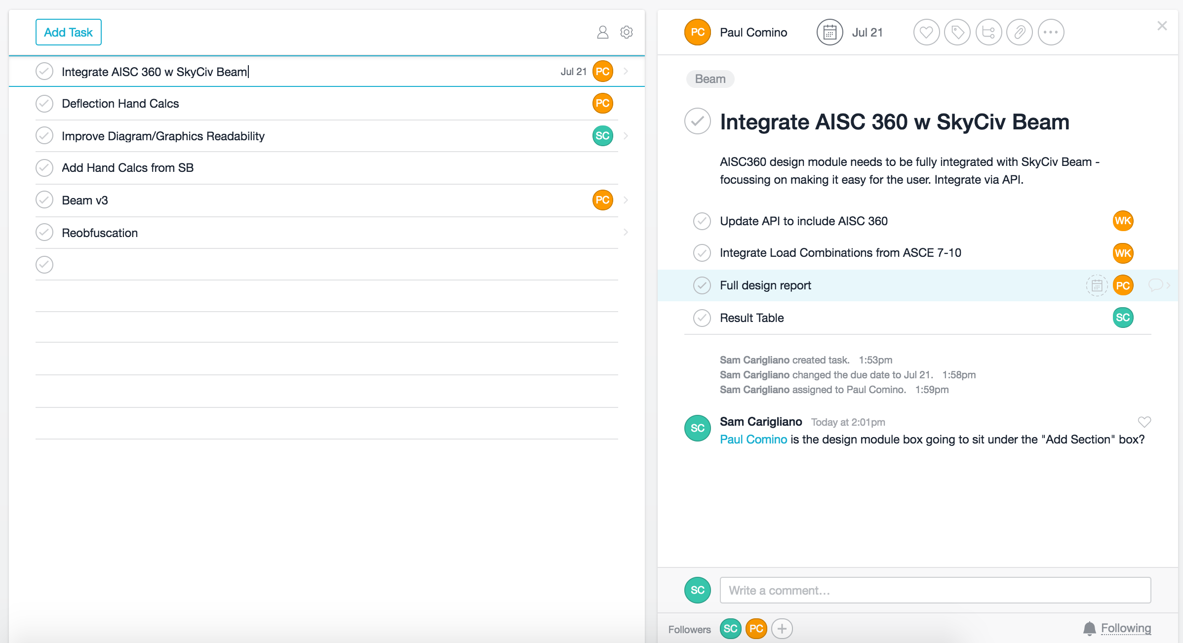 Asana screenshot for structural engineering blog