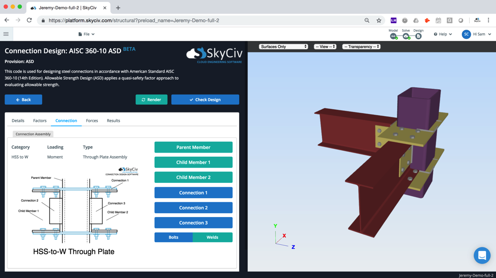 Στιγμιαίες συνδέσεις όπως φαίνεται στο SkyCiv Steel Connection Design Software