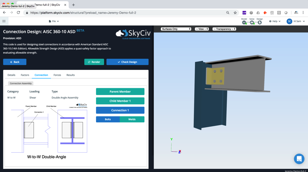Conexões de cisalhamento conforme mostrado no software SkyCiv Steel Connection Design