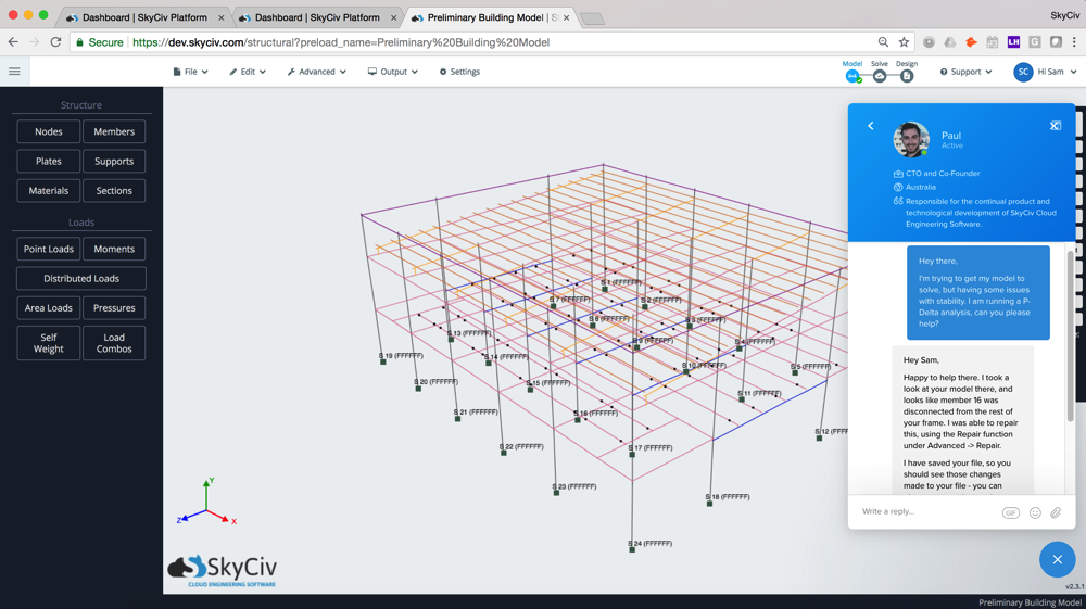 Supporto dal vivo con il team del software di ingegneria strutturale cloud SkyCiv