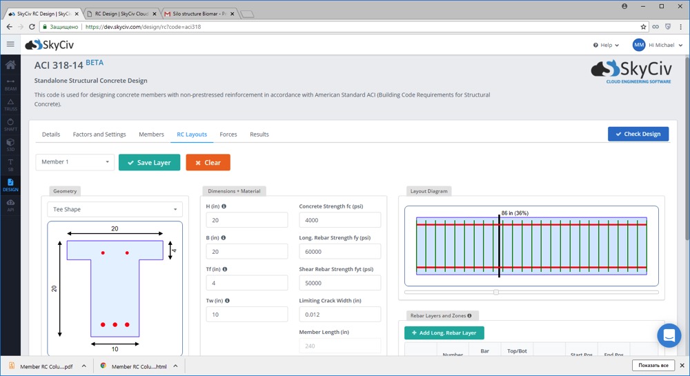 Concrete Design Software voor ACI 318, NET ZO 3600 en EN2 - schermafbeelding van de gebruikersinterface van SkyCiv