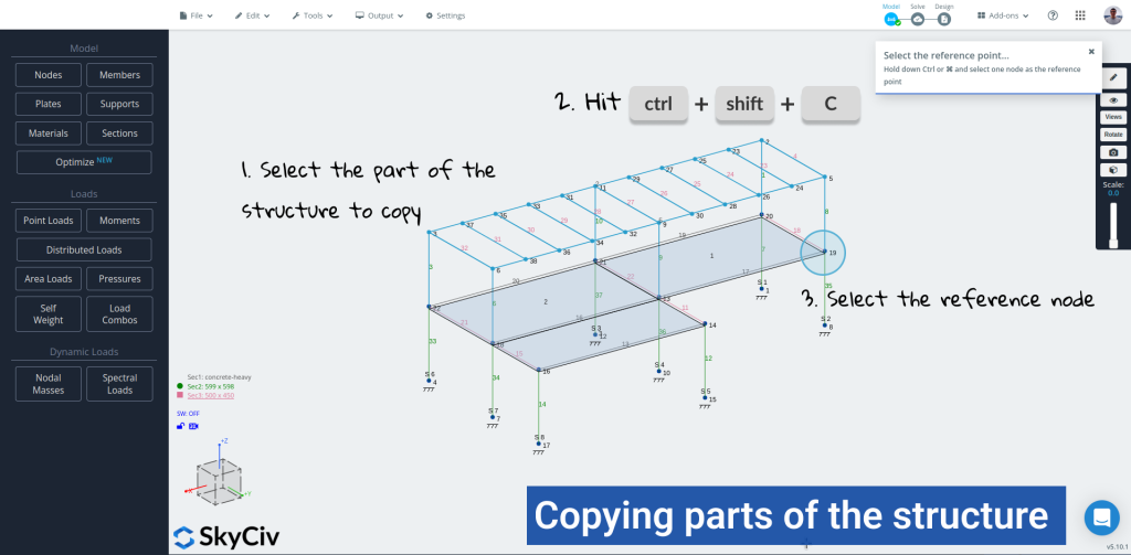 SkyCiv S3D kopieer de structuur en selecteer het referentieknooppunt op het scherm