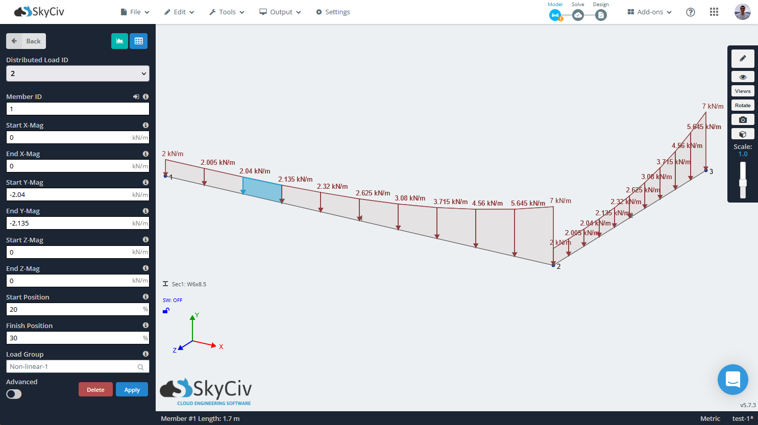 SkyCiv S3Dは、非線形または方程式で定義された分散荷重を示しています