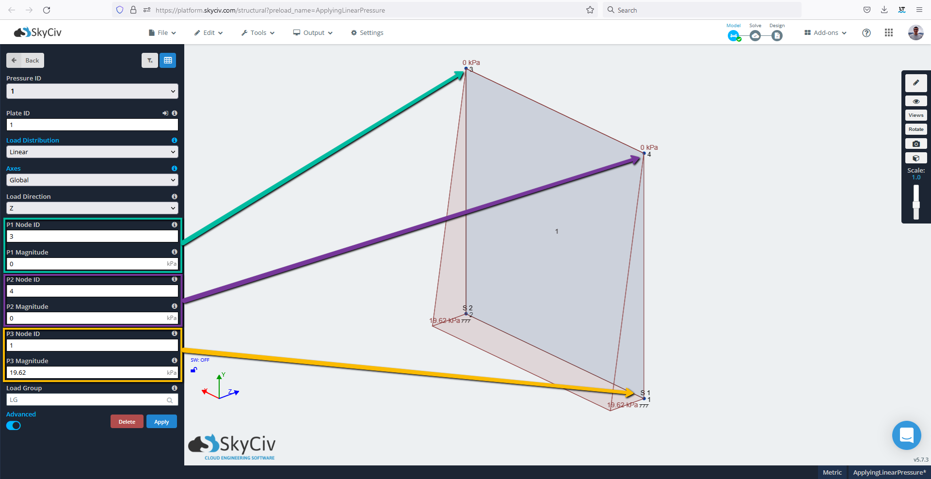 SkyCiv S3D showing how to apply linear or variable pressure - Nós com setas