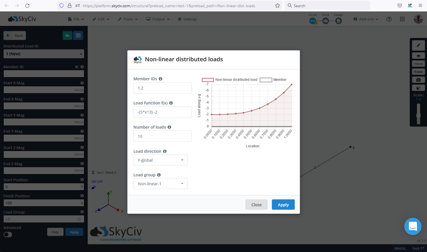 SkyCiv S3D que muestra cómo definir y aplicar carga distribuida no lineal o definida por ecuación