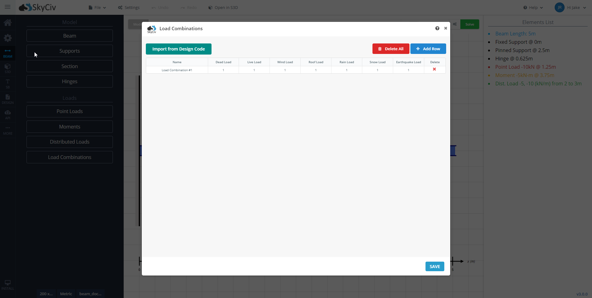Combinazioni di carico su trave SkyCiv