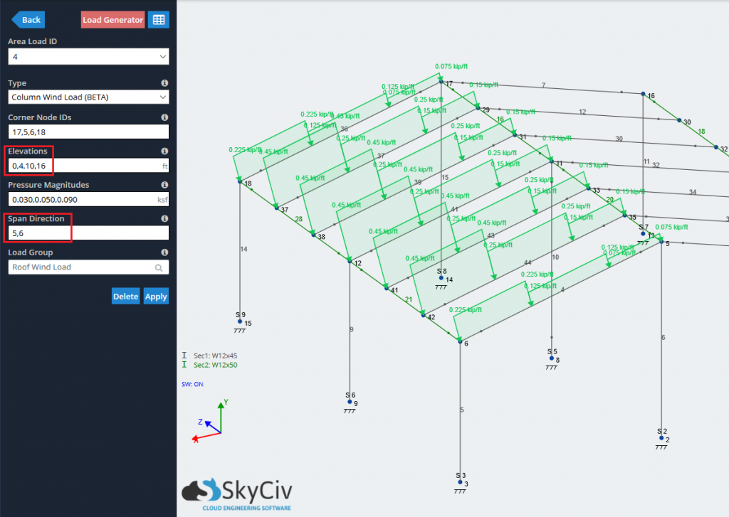 Area & Cargas de viento | Software de análisis estructural en la nube