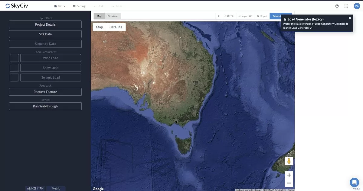 Interface utilisateur du générateur de charge SkyCiv