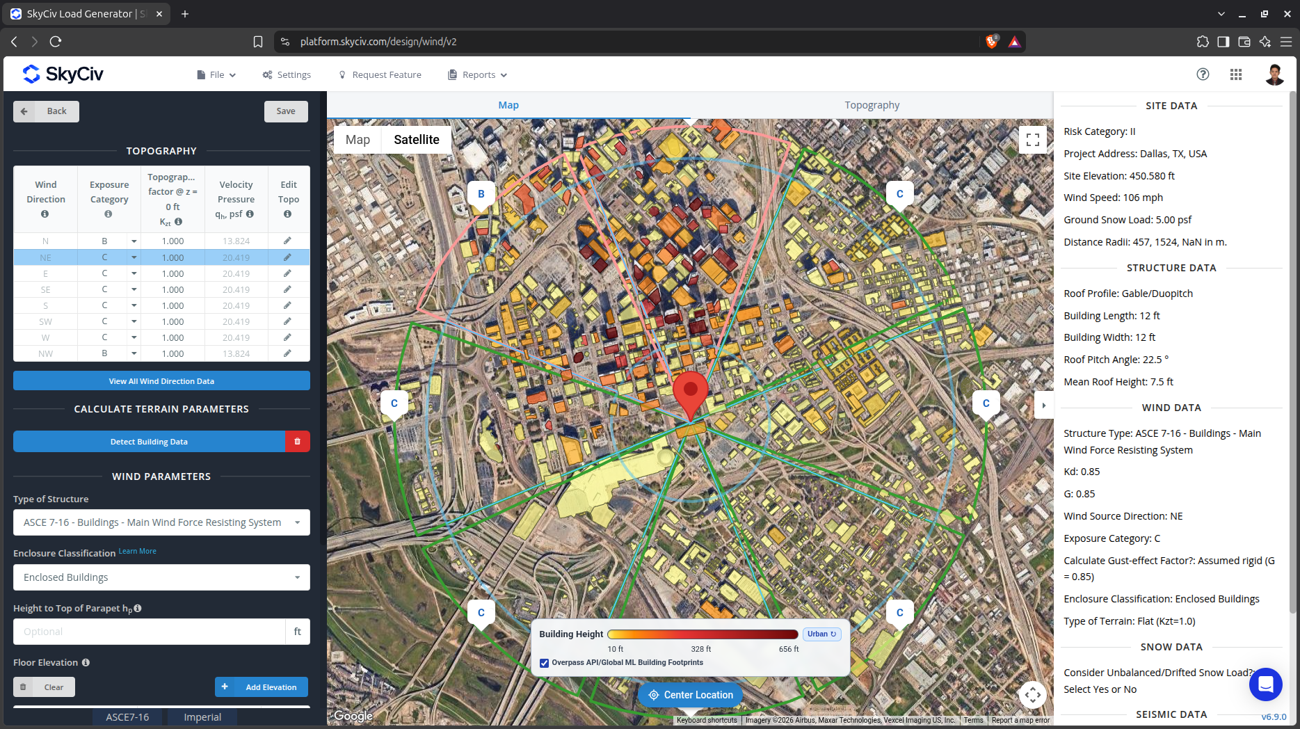 Automatic building detection for the site for determining exposure categories for each wind direction