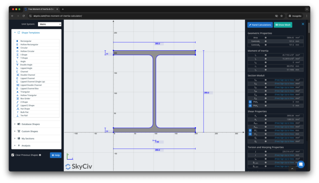 Free moment of inertia calculator for beam sections. Also calculates the centroid of a section