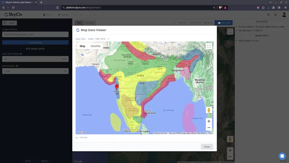 Mapa de velocidad del viento para IS 875-3 India