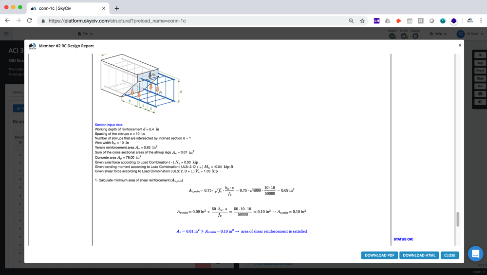 gedetailleerde rapporten in rc beam-ontwerpsoftware