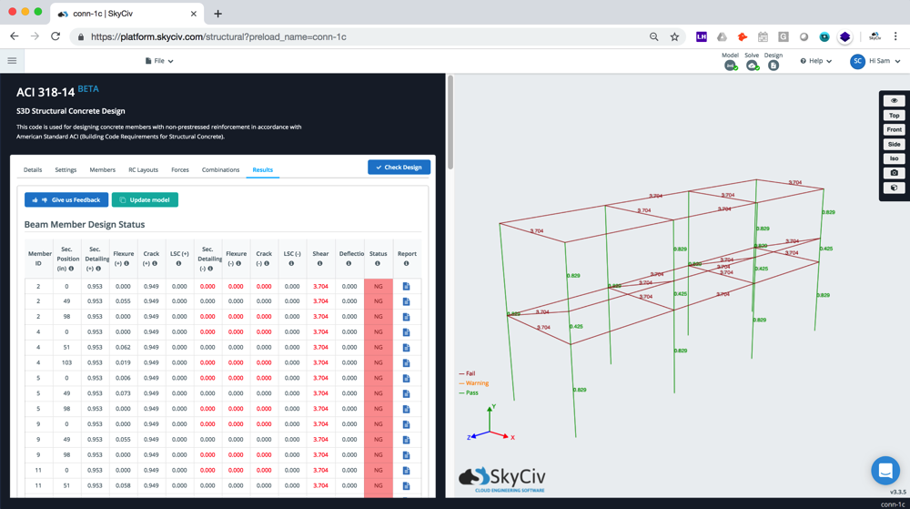 pass fail geïntegreerde rc beam-ontwerpsoftware