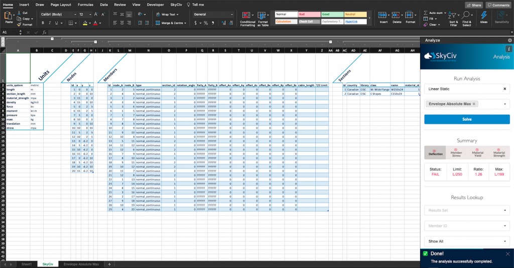 SkyCiv for Excel - Analysis task pane