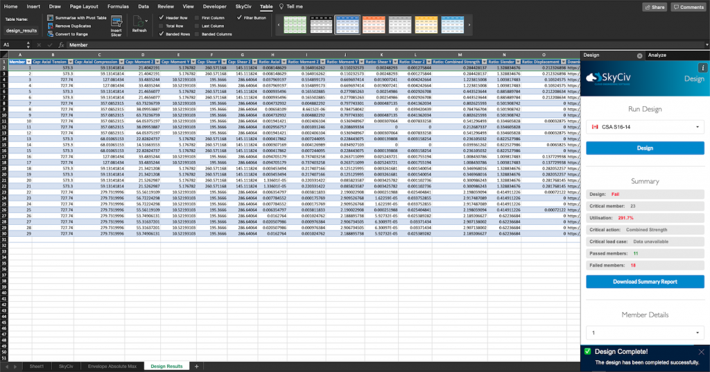 SkyCiv for Excel - Design task pane