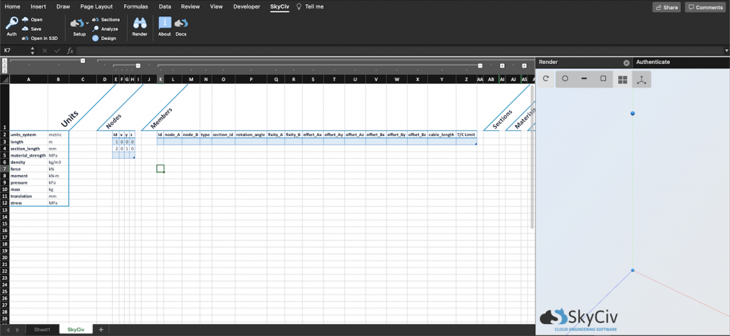 SkyCiv for Excel - adding nodes to an excel model