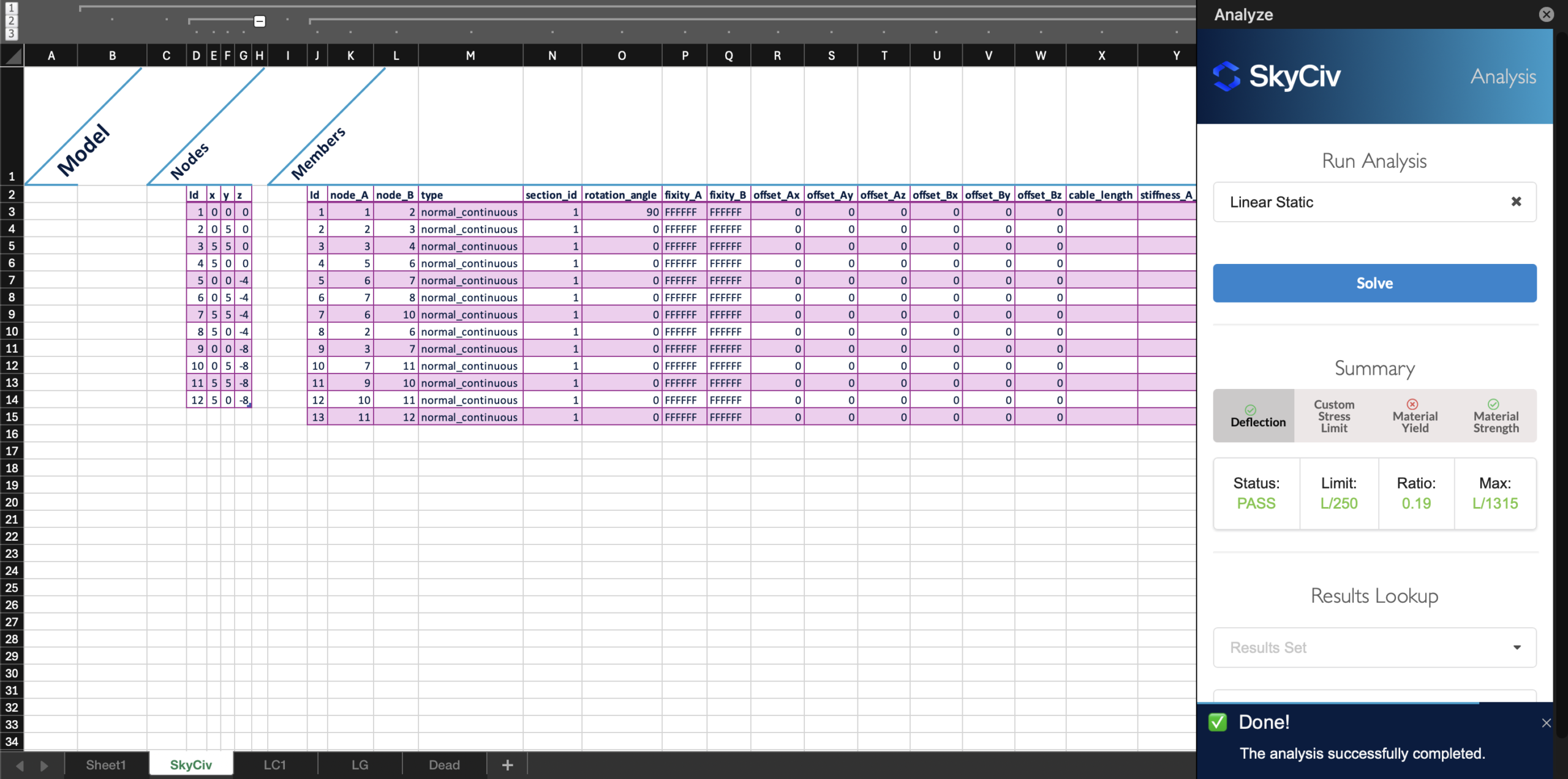 SkyCiv para Excel - Análise