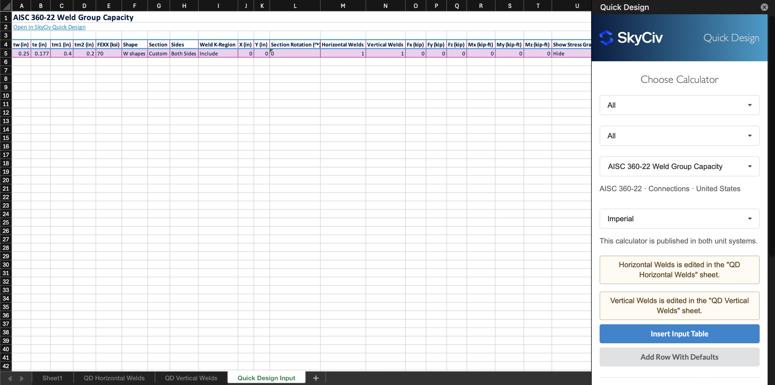 SkyCiv para Excel - Tabela de entrada de projeto rápido