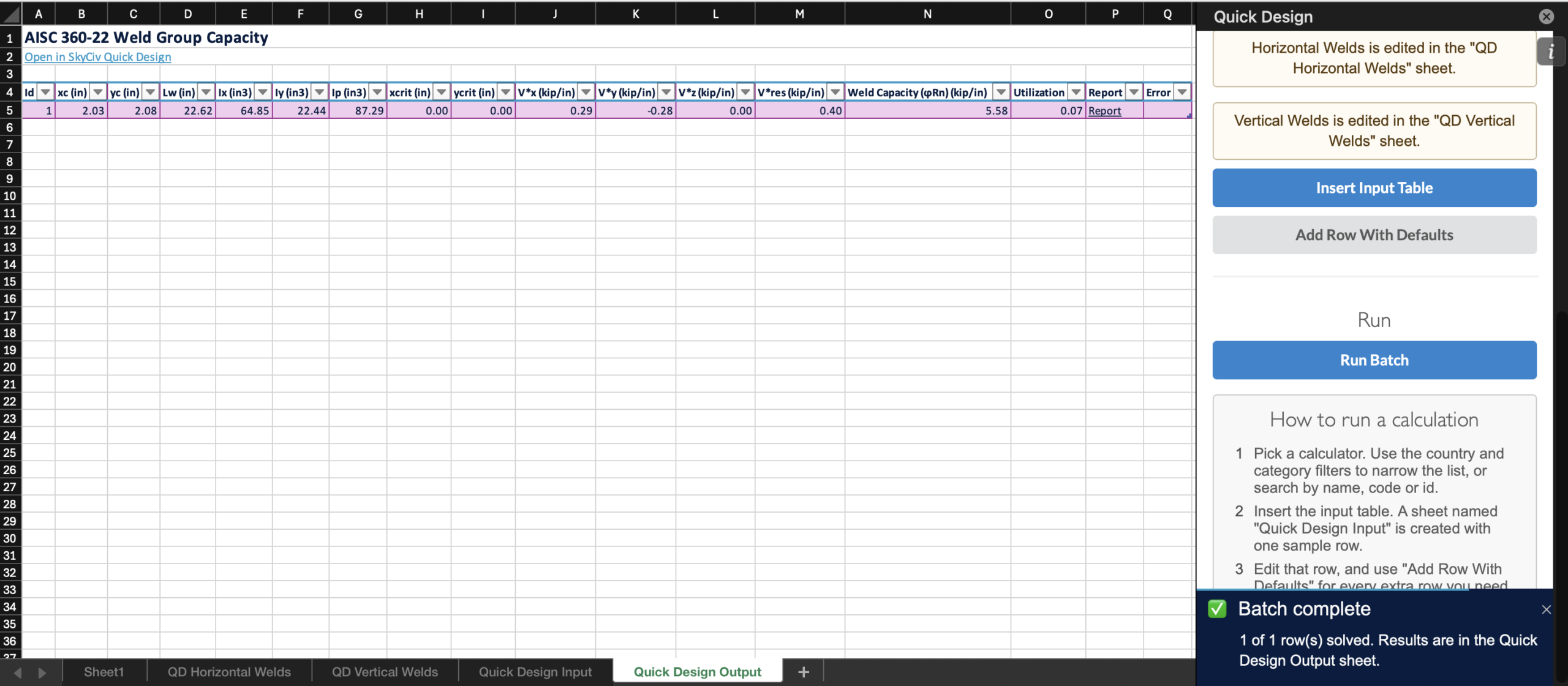 SkyCiv para Excel - Resultados rápidos de design