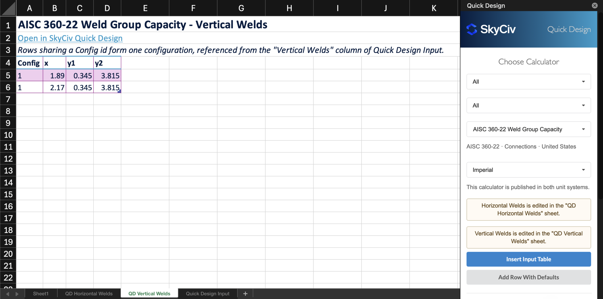 SkyCiv para Excel - Subtabela de design rápido