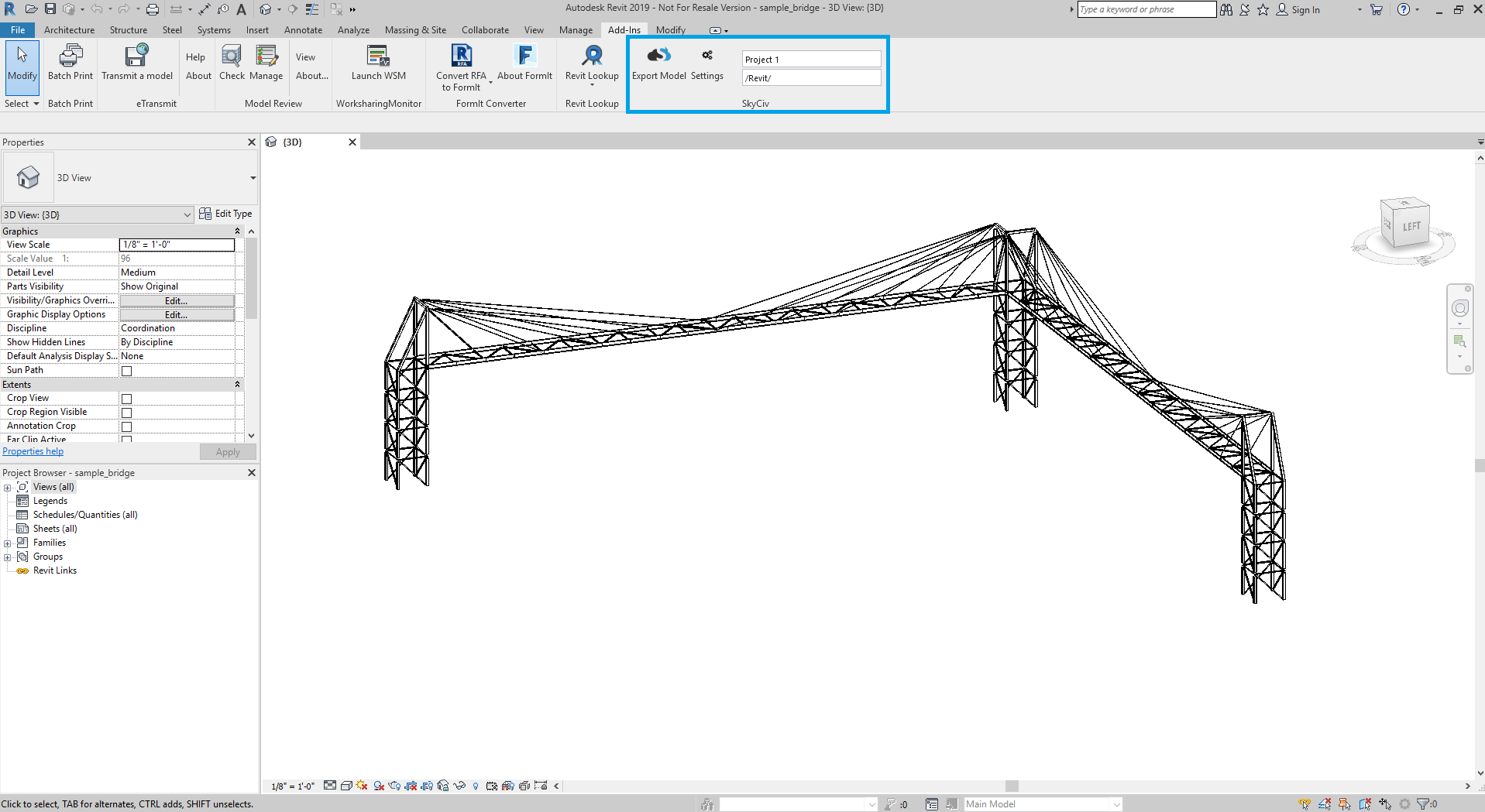 the button for exporting the Revit model to SkyCiv on Revit itself