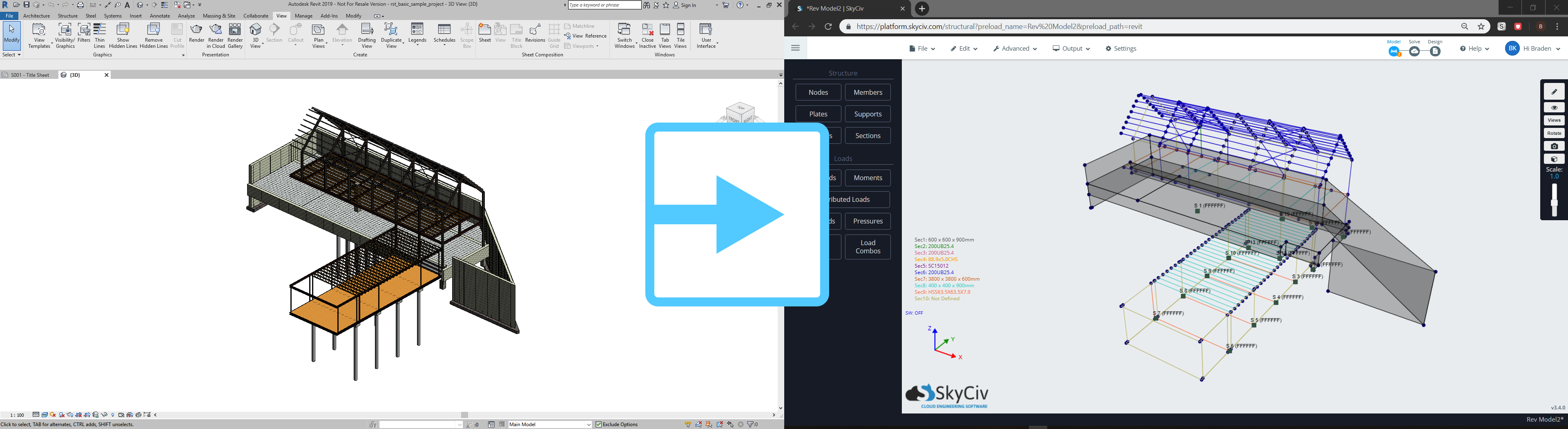 Modèle de pont structurel importé dans le logiciel d'analyse structurelle SkyCiv de Revit