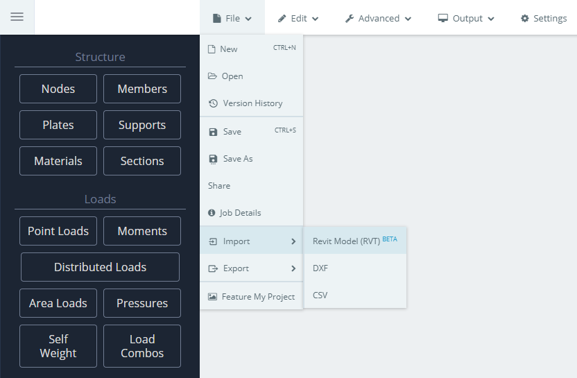  o botão de importação do Revit em nossa plataforma SkyCiv