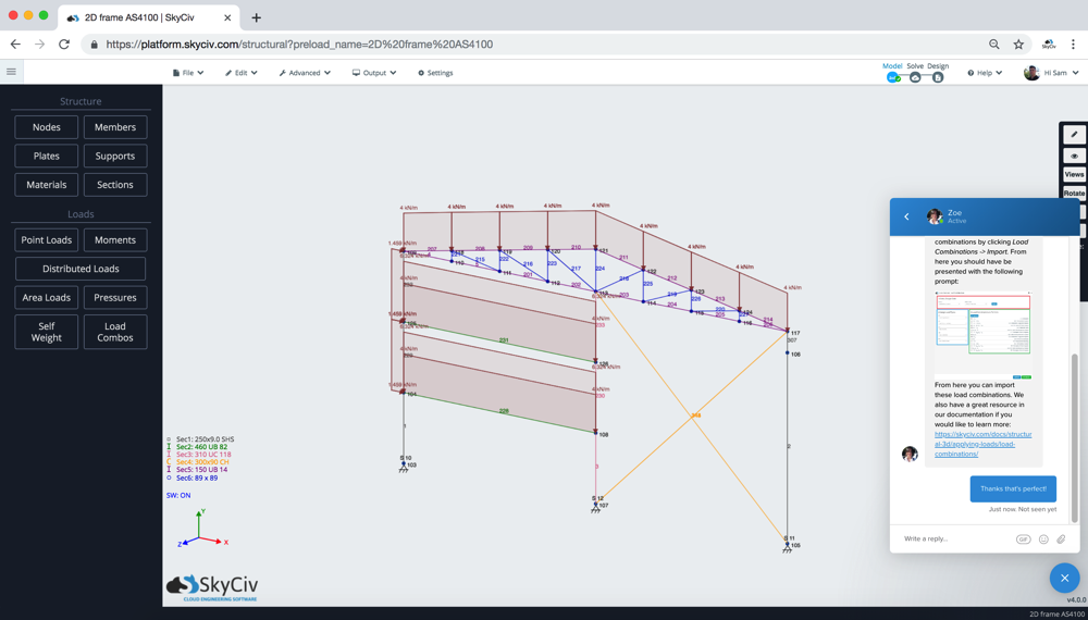 suporte de chat ao vivo com software de análise estrutural skyciv na nuvem