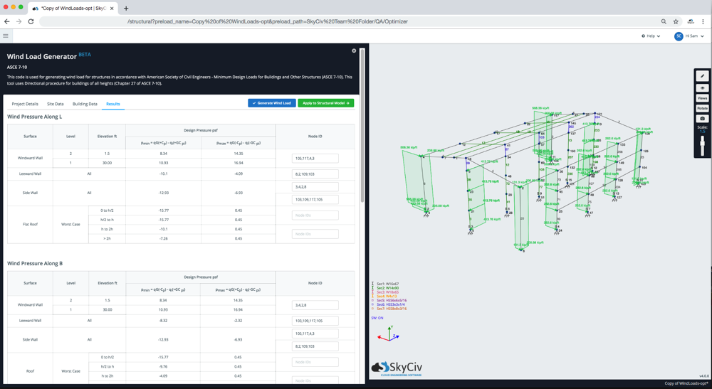 wind-design-software-asce 7 10 che mostra l'integrazione con il software di analisi strutturale skyciv