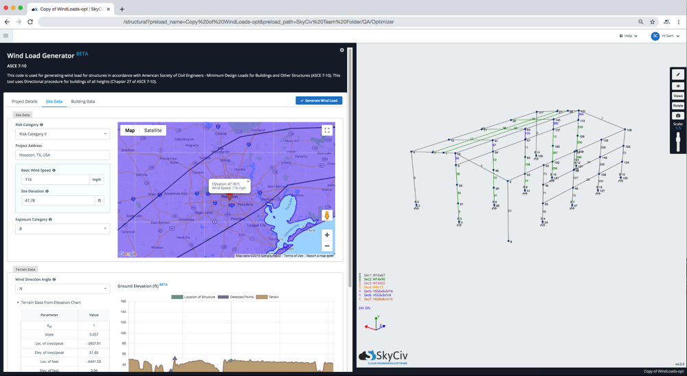 wind-ontwerp-software-assen 7 10 toont de integratie met skyciv-software voor structurele analyse voor de windsnelheidskaart van Houston