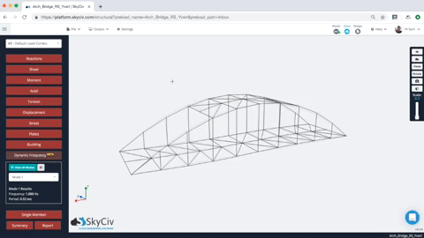 skyciv構造解析ソフトウェアで計算された動的周波数解析結果