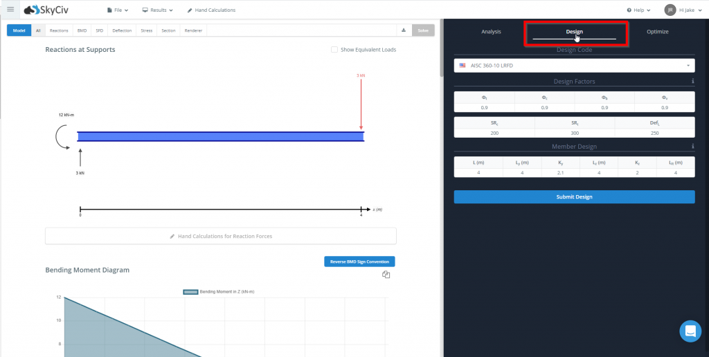 SkyCiv Beam Design Tab