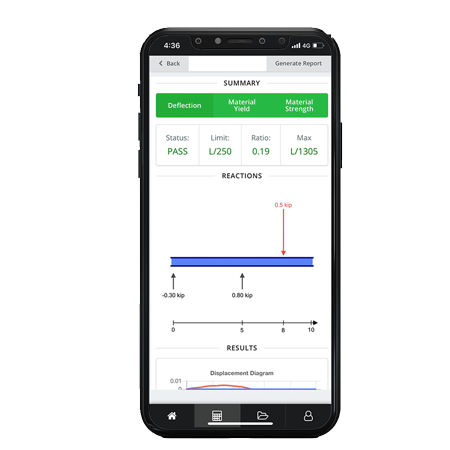 l'app mobile skyciv include un calcolatore del raggio per le reazioni, deviazione, Momenti flettenti e diagrammi delle forze di taglio