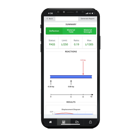 l'app mobile skyciv include un calcolatore del raggio per le reazioni, la deflessione , Momenti flettenti e diagrammi delle forze di taglio