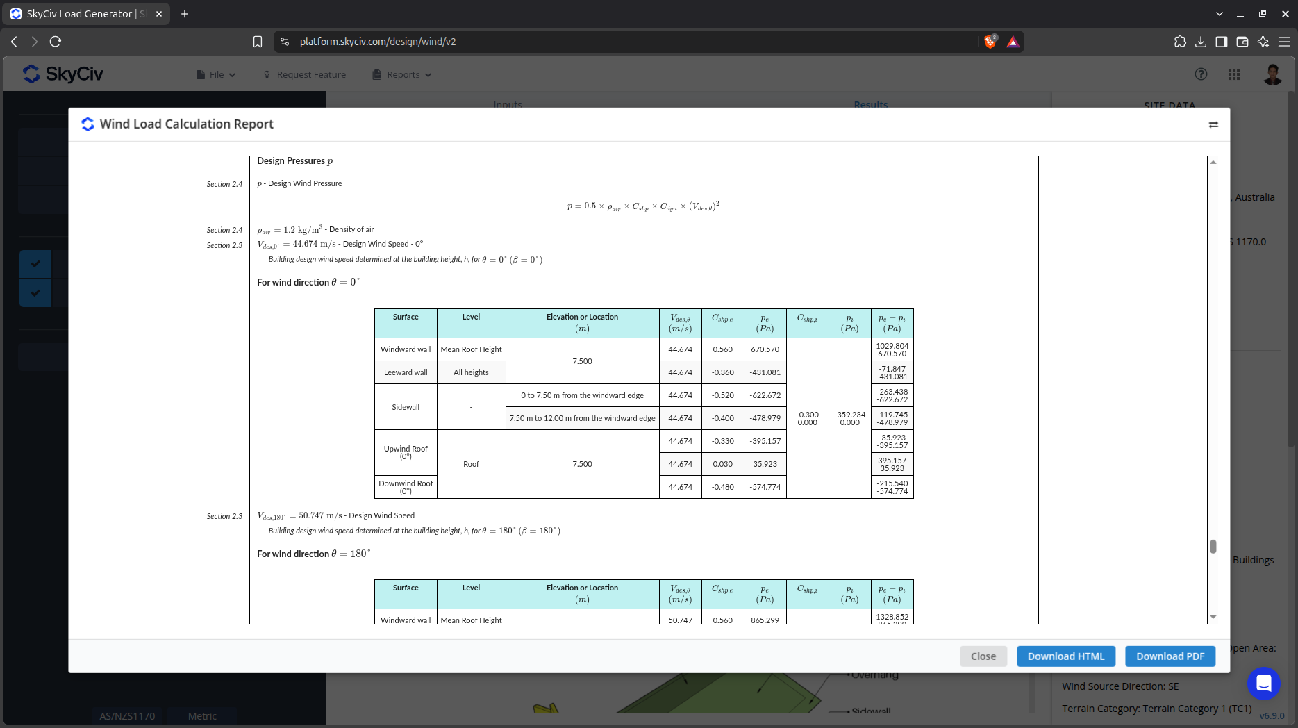 SkyCiv Load Generator Detailed Wind Report