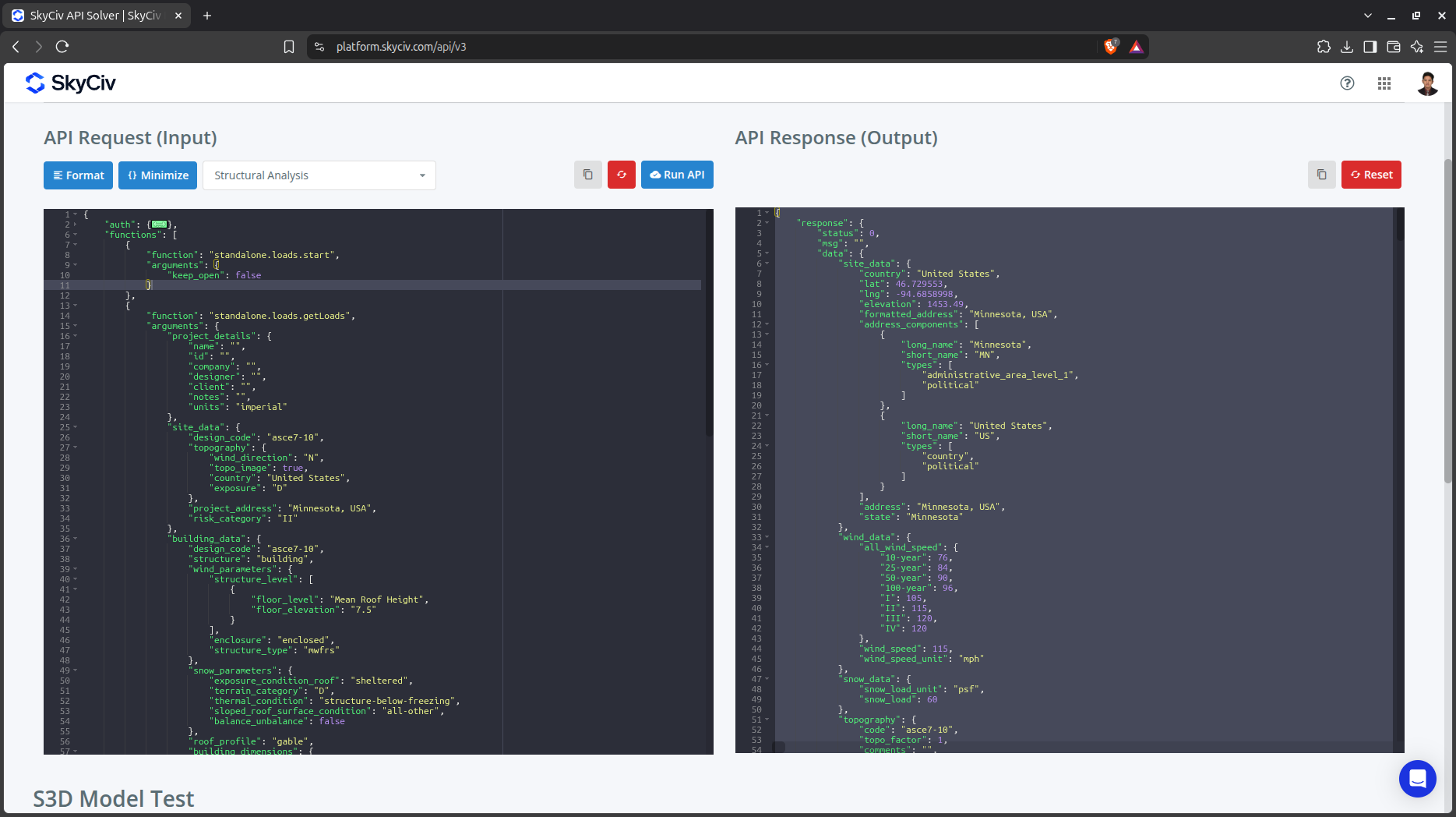 SkyCiv API Sandbox using Load Generator input
