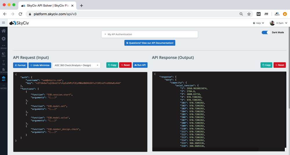 L'API d'analyse structurelle de SkyCiv dispose d'un bac à sable qui vous aide à tester les fonctions et les scripts de votre API d'ingénierie structurelle