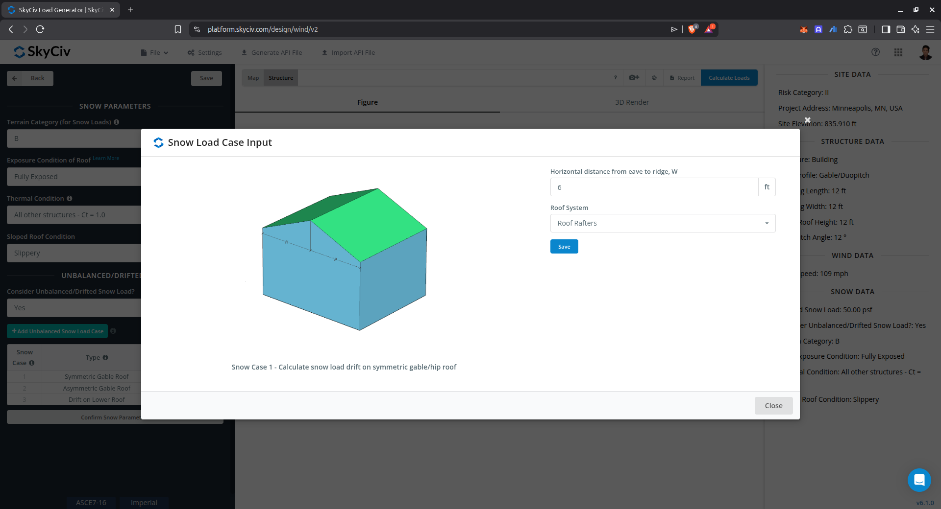 Entrada desequilibrada de carga de neve para telhado de duas águas simétrico
