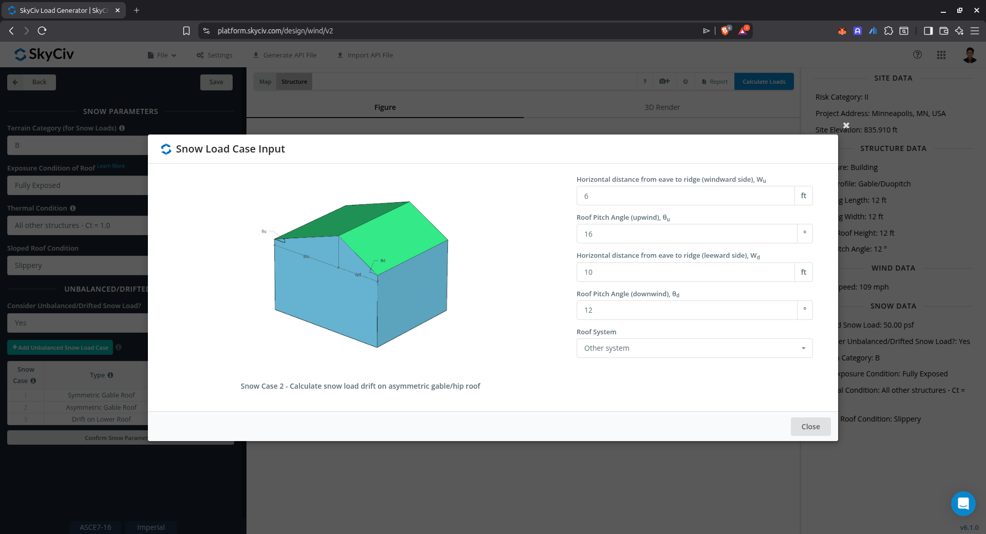 Entrada desequilibrada de carga de neve para telhado de duas águas assimétrico