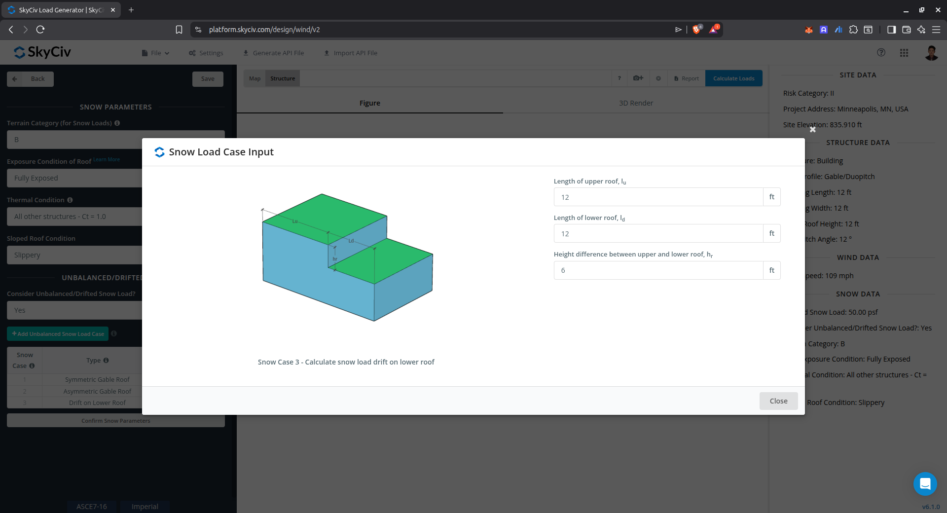Entrada de carga de neve desequilibrada para telhado inferior