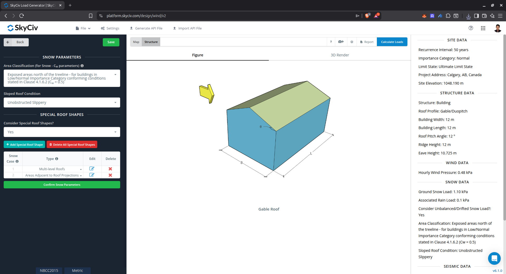 SkyCiv Yük Gen Kar yükü parametreleri