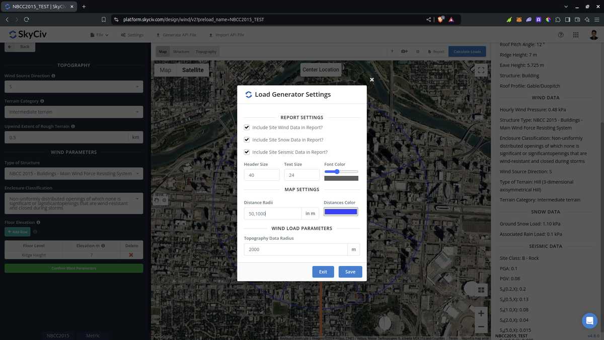 Configurações no gerador de carga SkyCiv