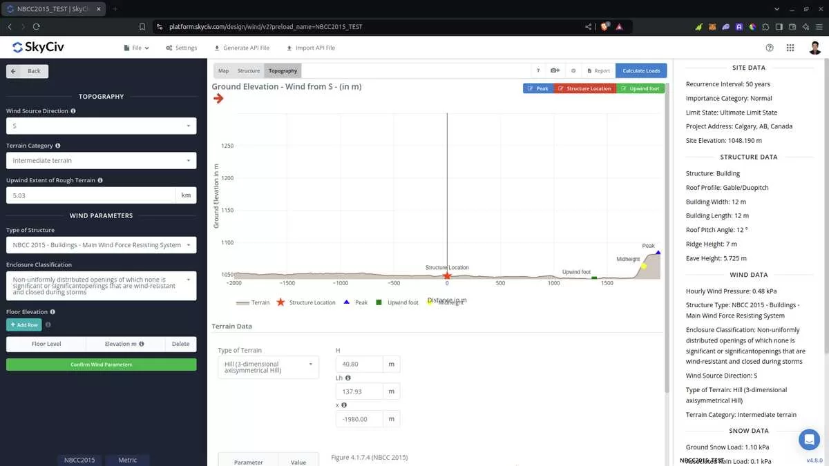 SkyCiv Load Generator 中来自 Google 地图的逆风向和顺风向的海拔数据