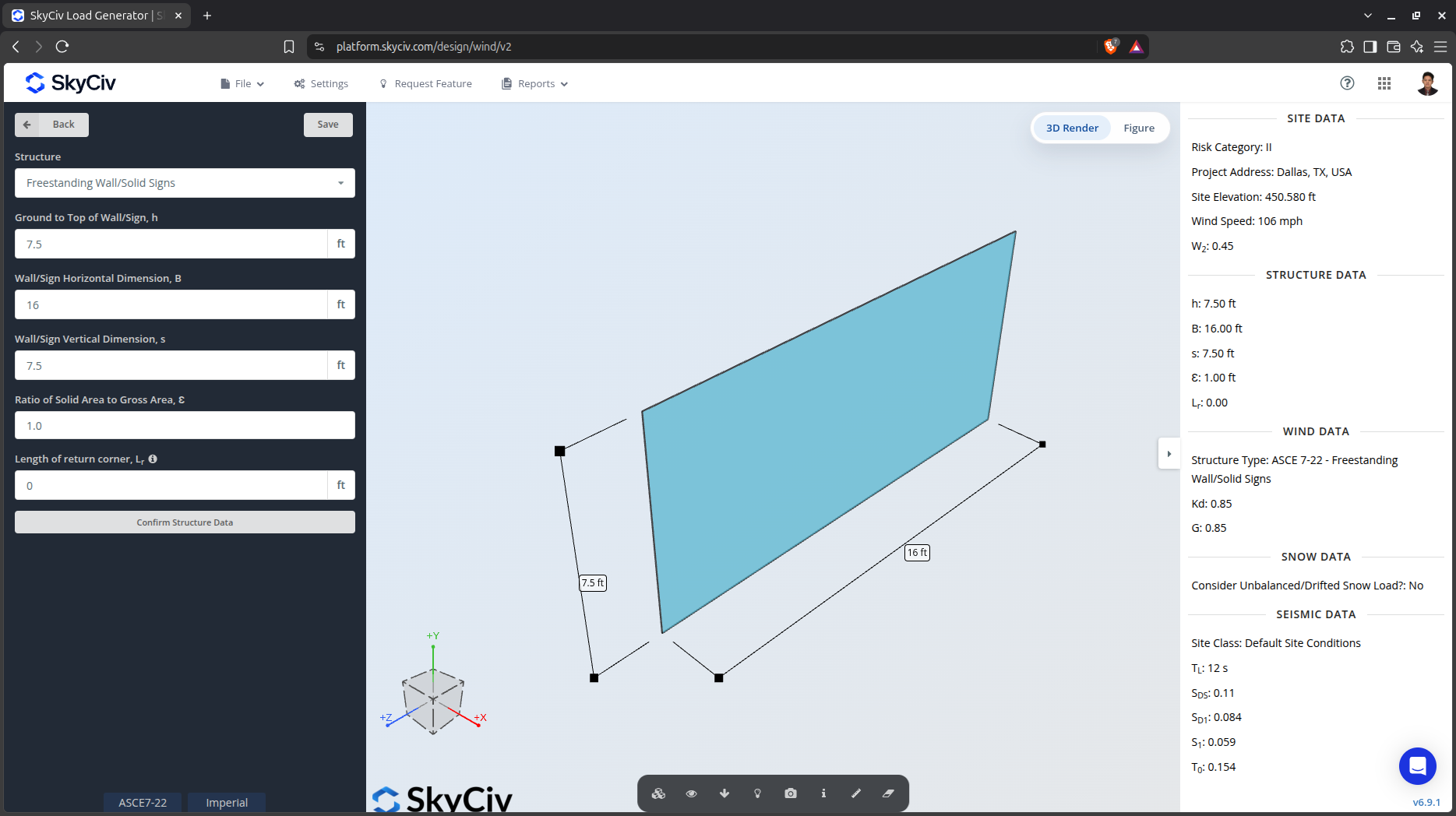 SkyCiv Load Generator Structure Parameters for freestanding wall