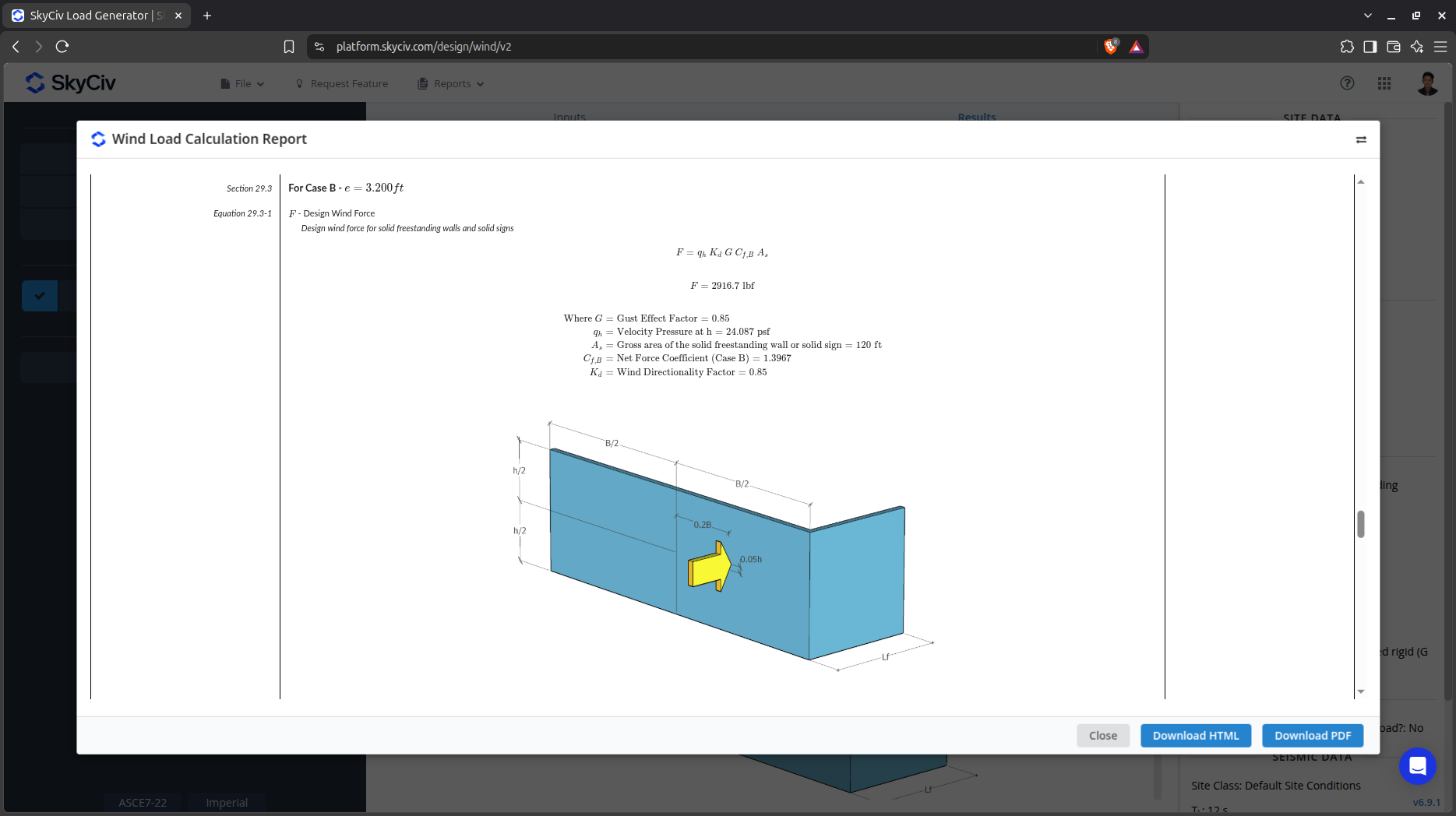 ASCE 7 Freestanding wall detailed wind load results